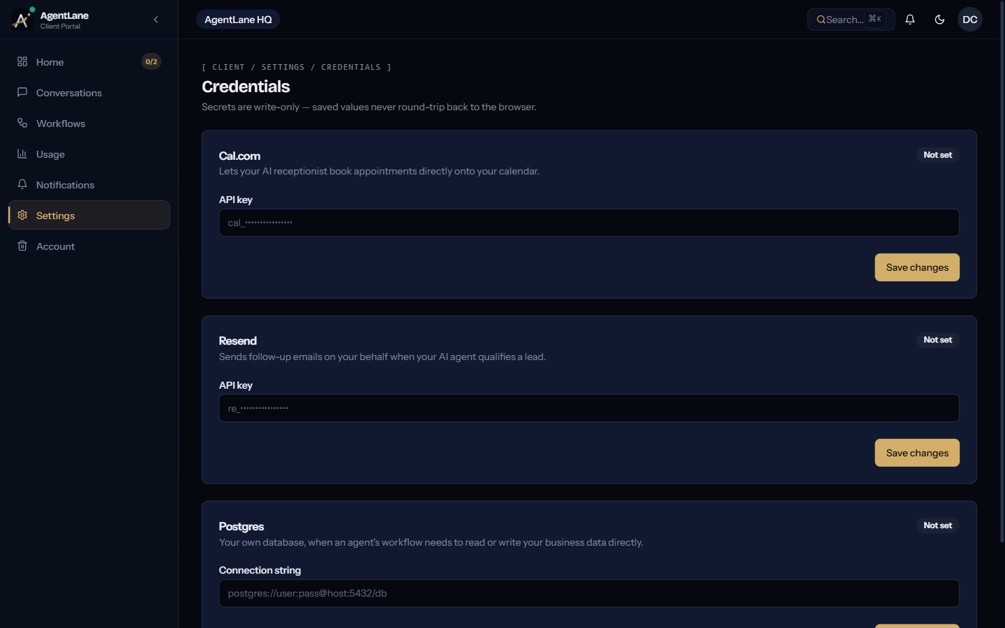 The Credentials page