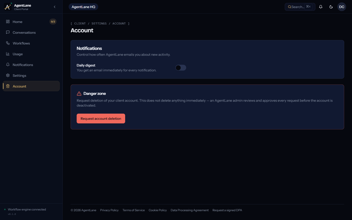 The Account settings page
