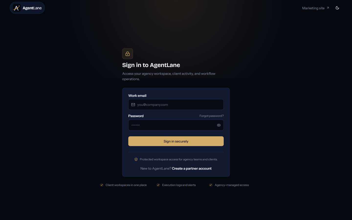 The AgentLane Portal login screen