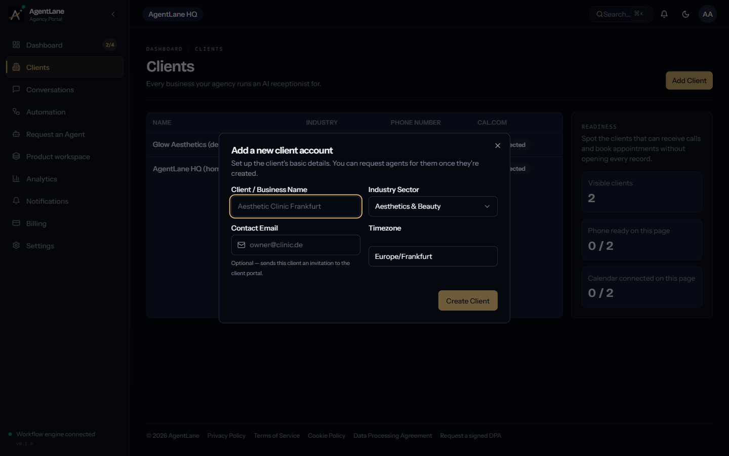 The Add a new client account dialog