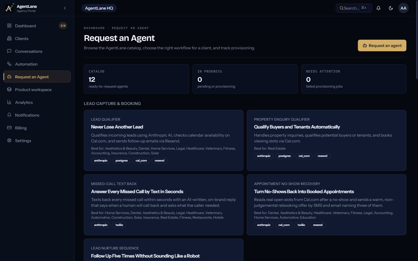The agent catalog, grouped by category