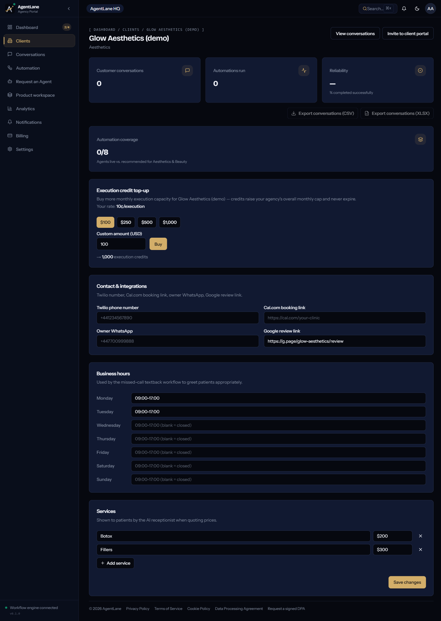 The client detail page, showing Contact & integrations, Business hours, and Services