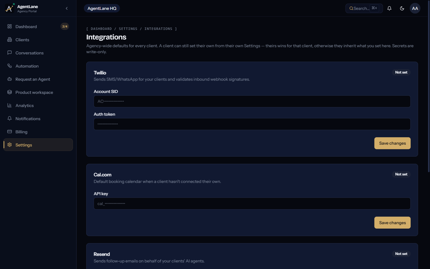 The Integrations page, where agency-wide credential defaults are set