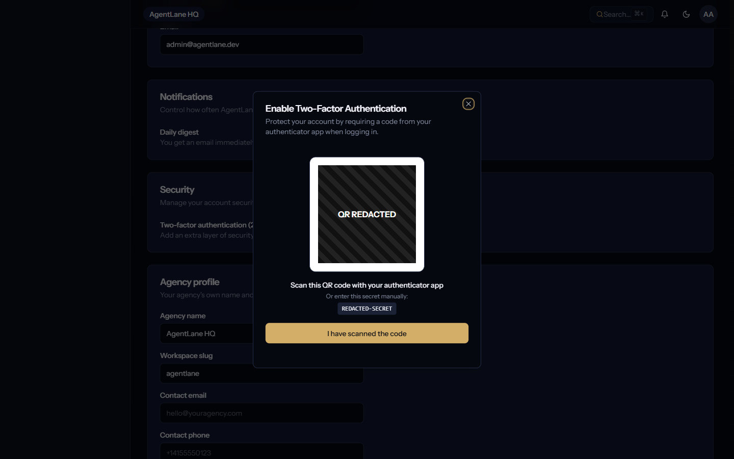 The MFA setup dialog, showing a QR code and manual-entry secret