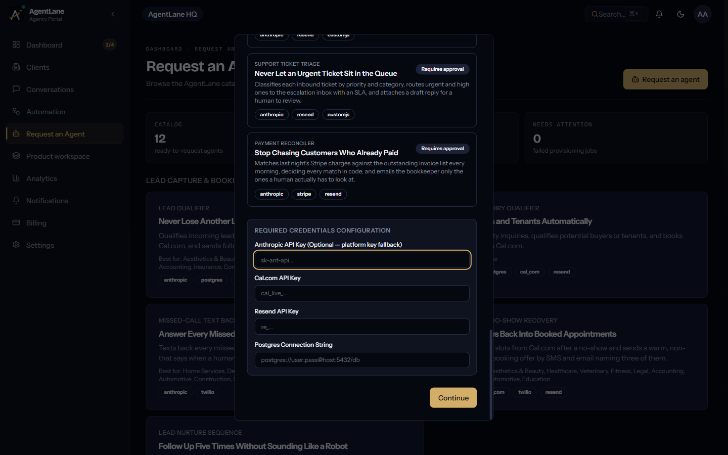 Step 2 of the Request an Agent dialog — cost estimate, credential checklist, and workflows to import