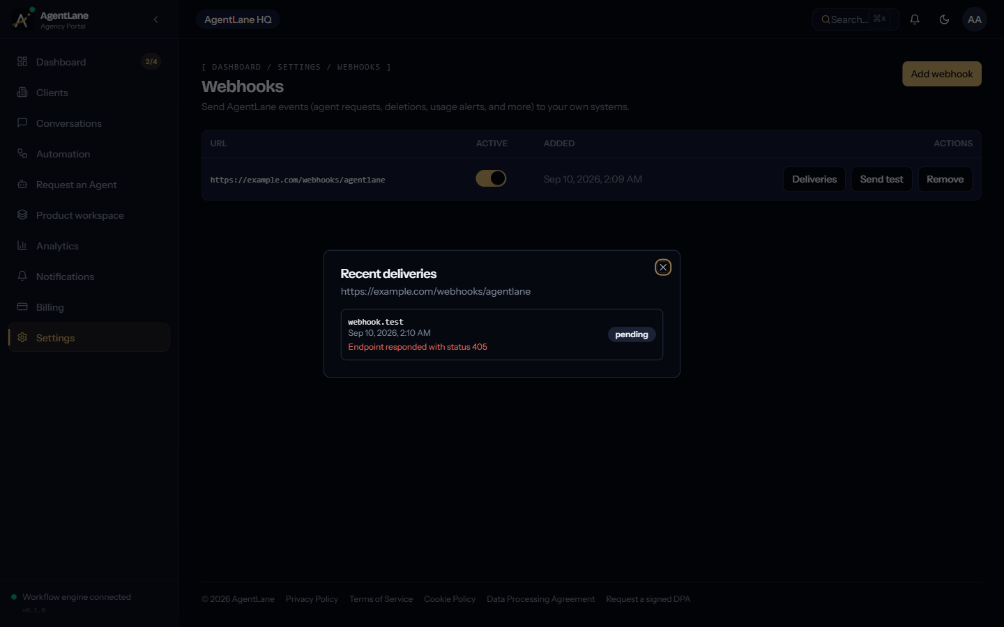 The deliveries log for an endpoint