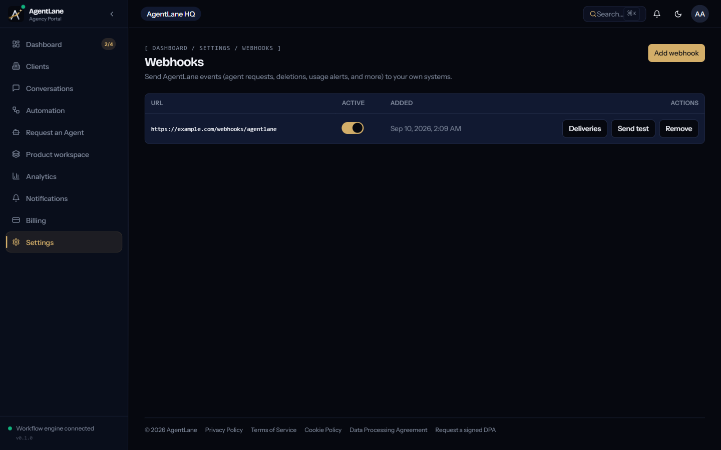 The registered webhook endpoints list