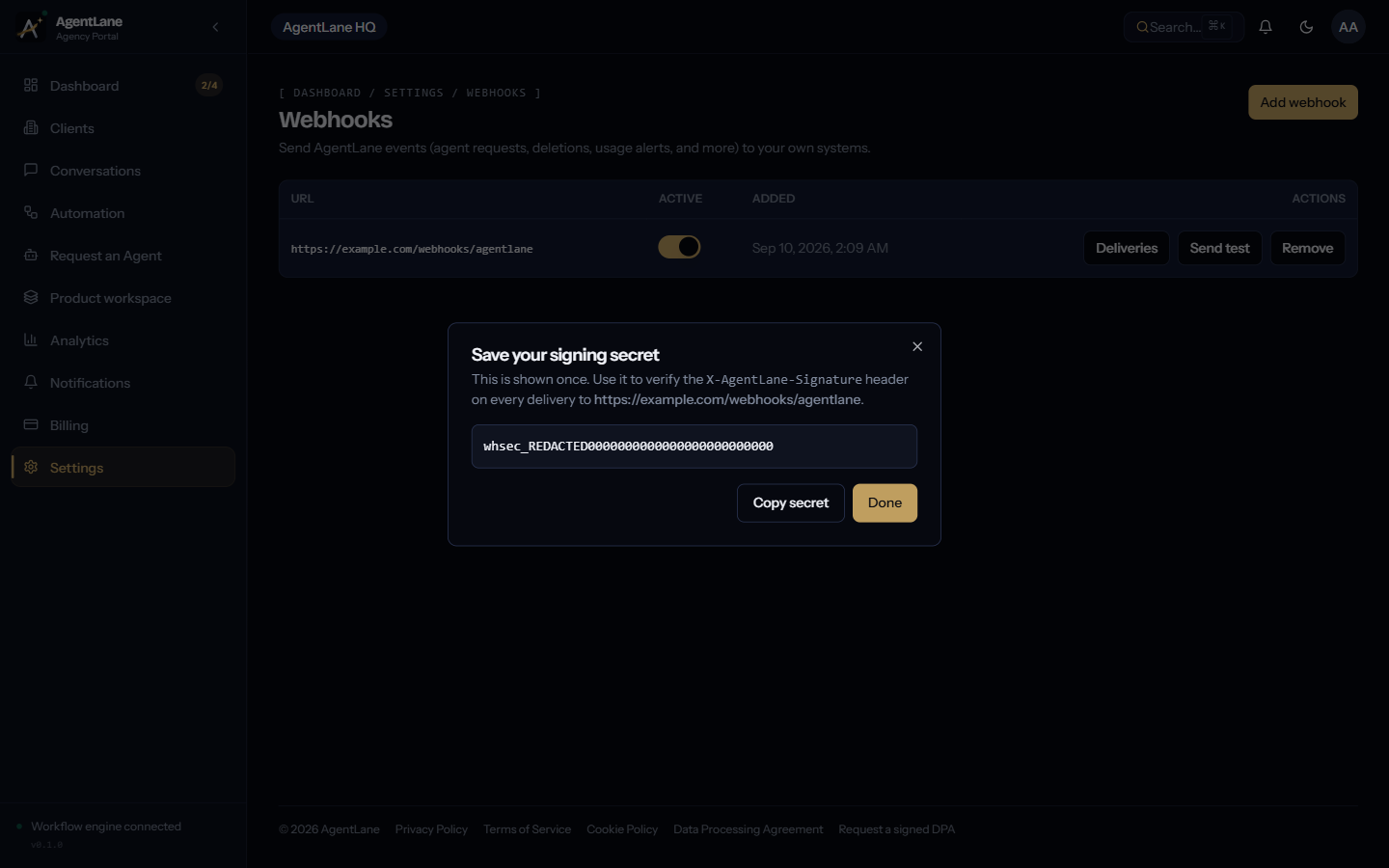 Registering an endpoint — the signing secret is shown exactly once