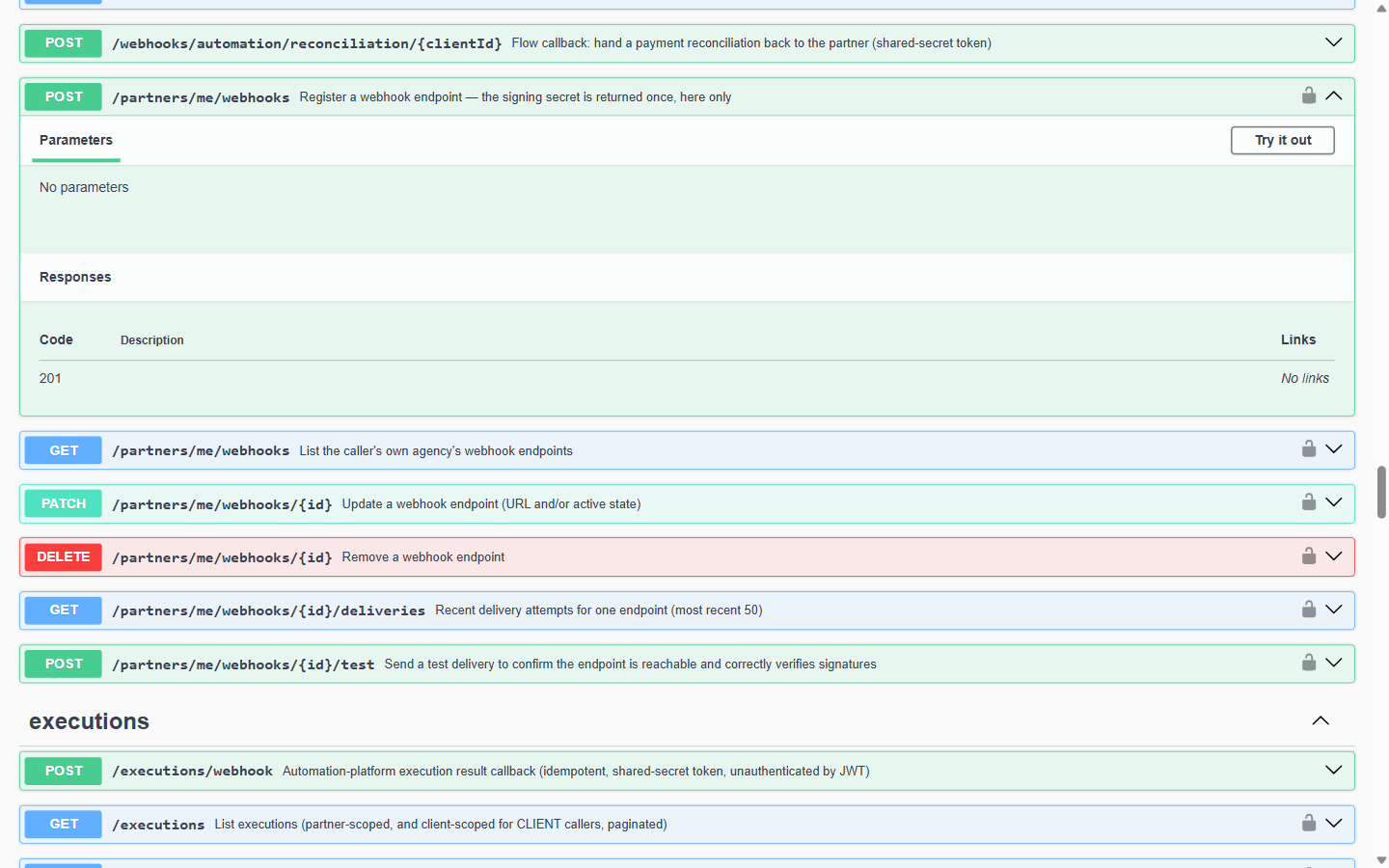 An expanded endpoint in Swagger UI, showing its parameters and response schema